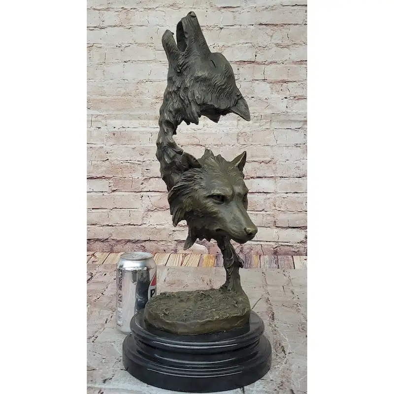 Howling Wolves Bronze Sculpture  Striking Dual Imitative Wolf Heads On Marble Base