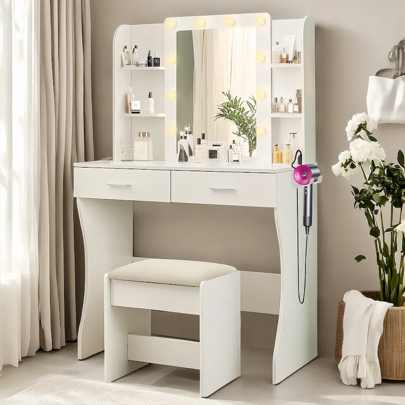 White Vanity Desk with Lighted Mirror, Power Outlet, Hair Dryer Rack, 2 Drawers & 6 Shelves, Single