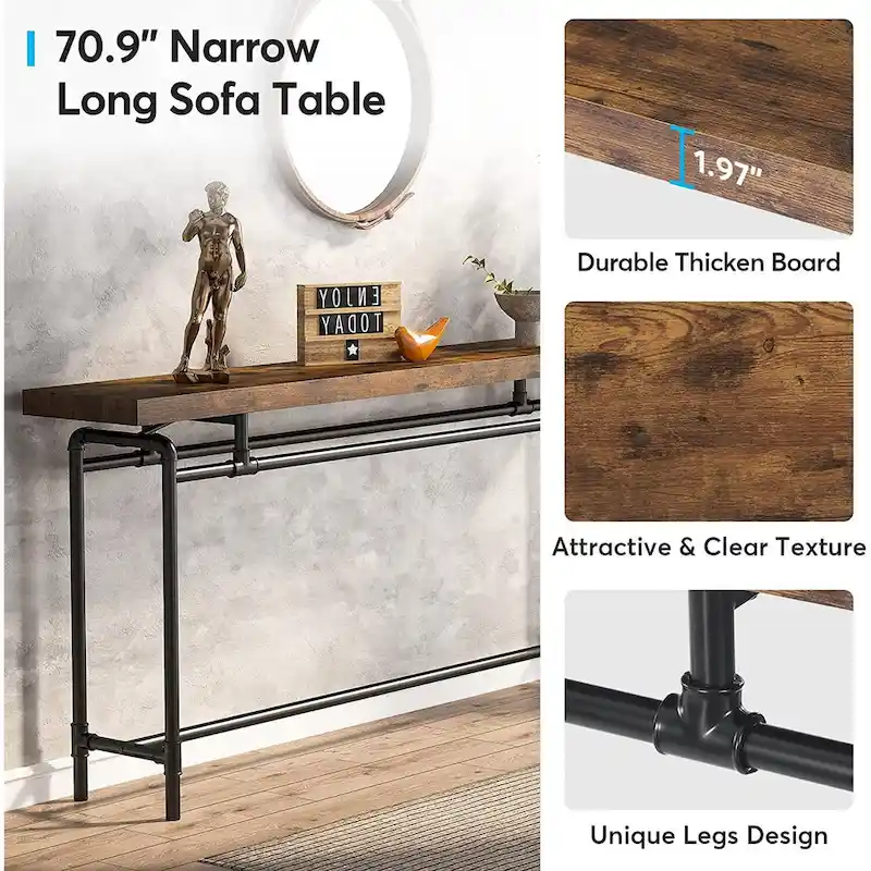 Rustic Brown & Black Industrial Console Table with Wood Top & Metal Pipe Legs, 70.9 Inch, 1-Person