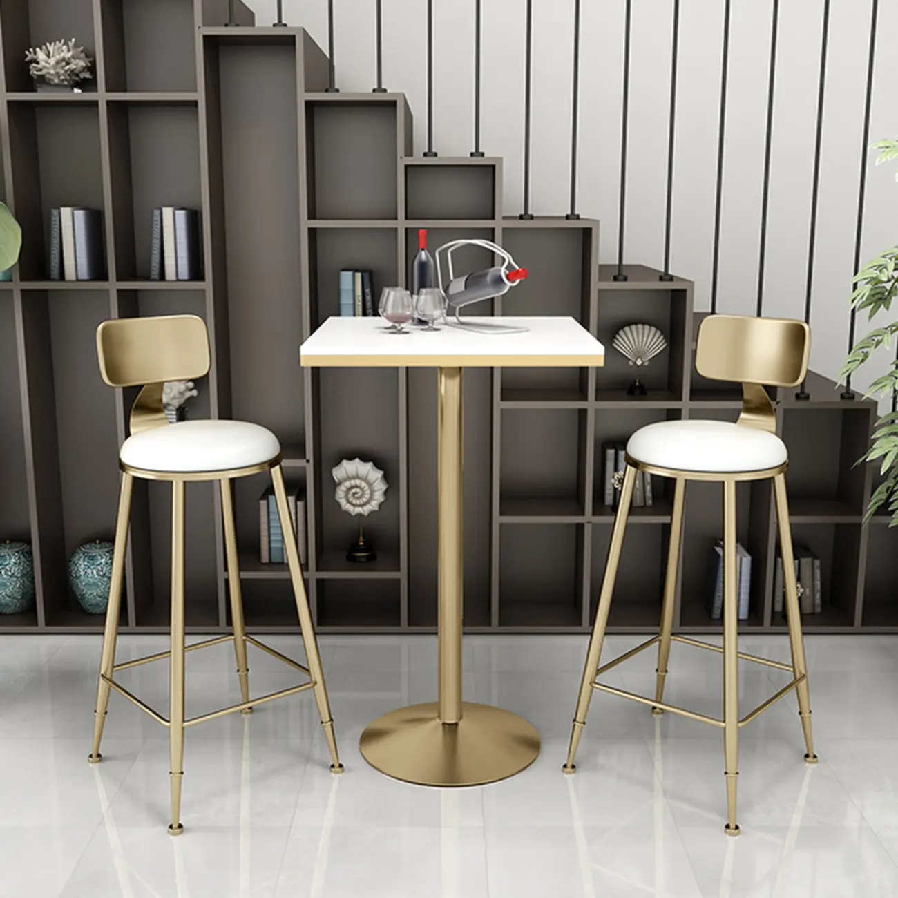 Small Round Golden Base Bar Table Stone Top 2 Seat