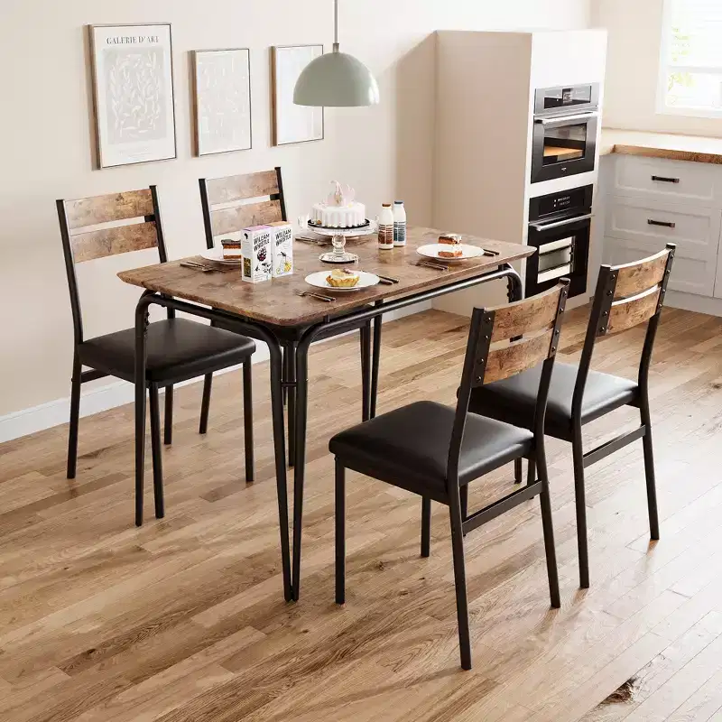 Dining Table Set, Kitchen Table with 4 Upholstered Leather Chairs, Industrial Dining Table Chairs with Steel Legs for Dining Room, Kitchen, Brown