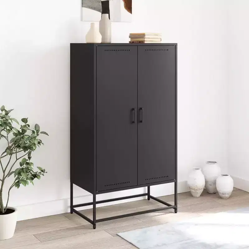 Industrial Steel Highboard Cabinet with 2 Hinged Doors, Matte Black Powder-Coated Finish