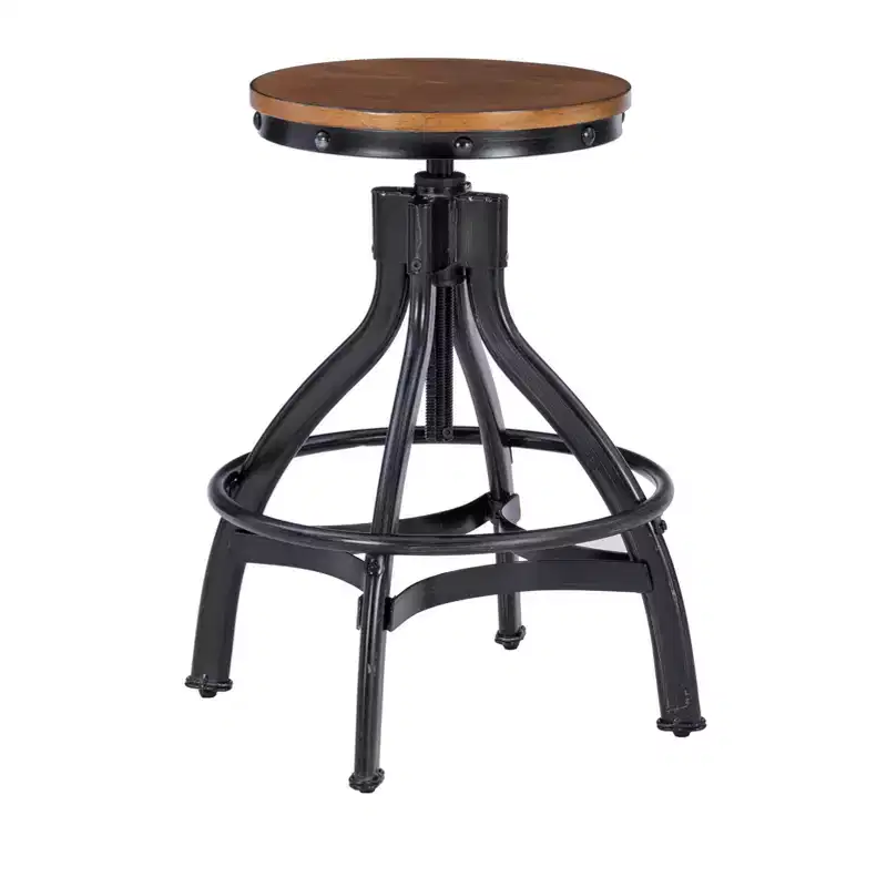 Set of 2 Tormo Adjustable Metal & Distressed Wood Barstool Black - Powell: Swivel, Round Seat, Industrial Design
