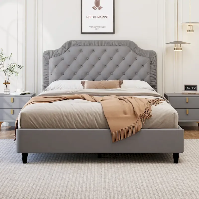 Modern Queen Size Upholstered Bed with Ruched and Button Tufted Headboard, Wooden Frame with Metal Base, No Box Spring Needed