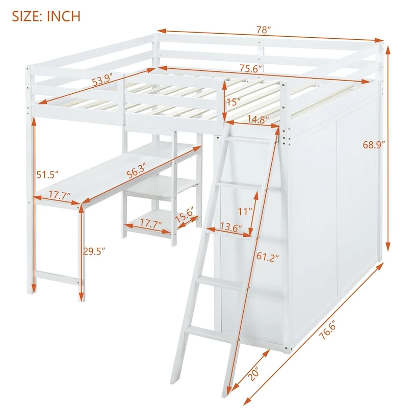 Merax Loft Bed with Wardrobe and Desk and Shelves