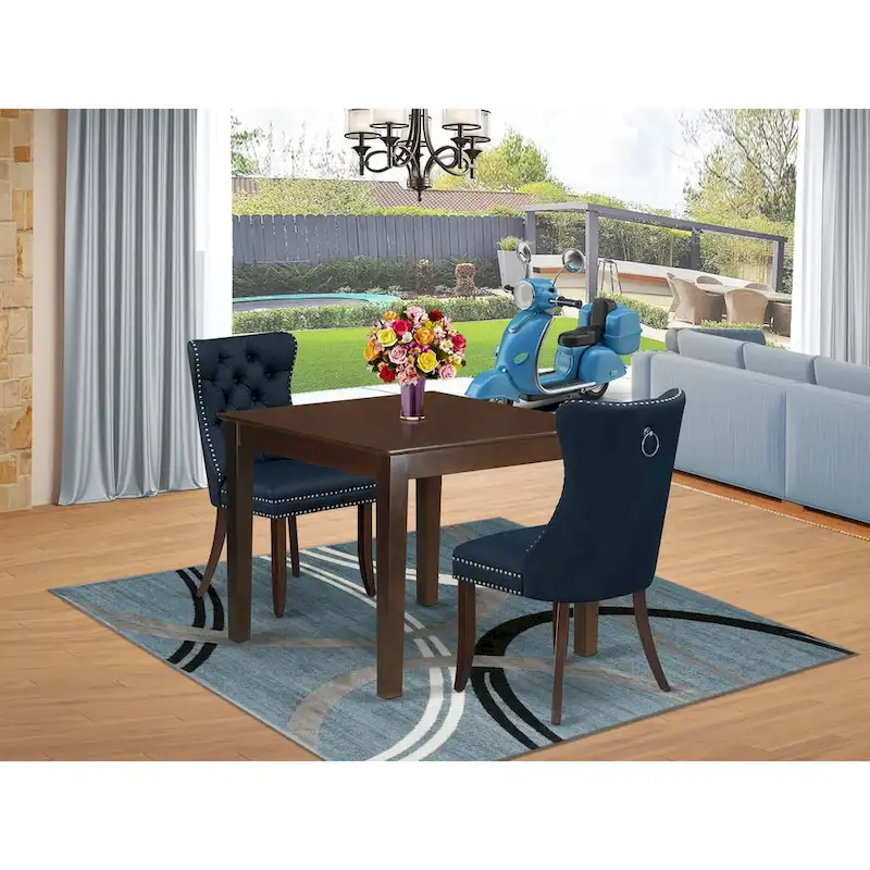 Square Dining Table Set, Navy Blue Faux Leather, Mahogany, 3 or 5 Seats
