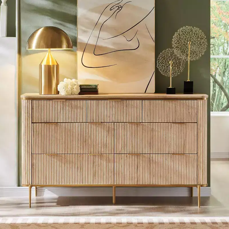 BALHAM TRADE-54 Wide Fluted 7 Drawers Modern Dresser TV Stand Gold Accents Wood Storage Organizer
