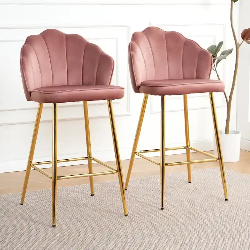 Upholstered Bar Stools Set of 2 with Metal Legs and Footrest