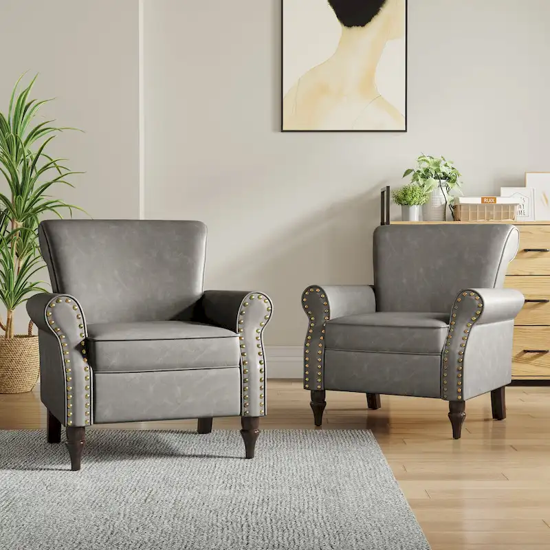 2 Set Nailheads Accent Chair Faux Leather Armchair