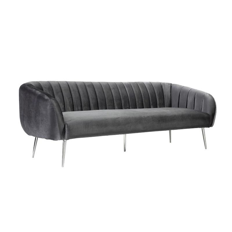 Gray Velvet Channel-Stitched Sofa, Silver Legs, 2-Seat, 74