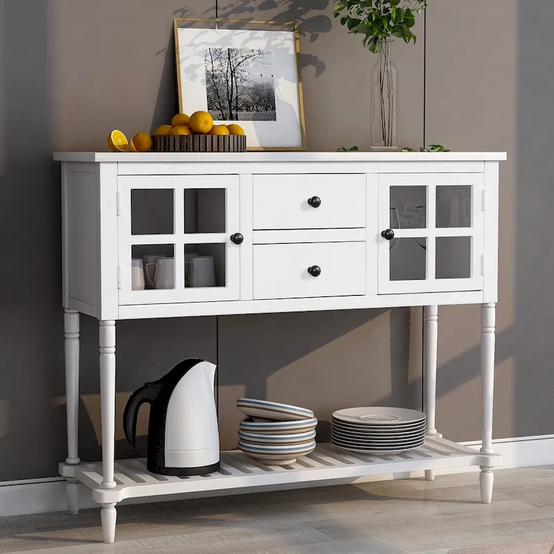 White Farmhouse Distressed Sideboard Console Table with 2 Glass-Front Cabinets, 2 Drawers & Bottom Shelf