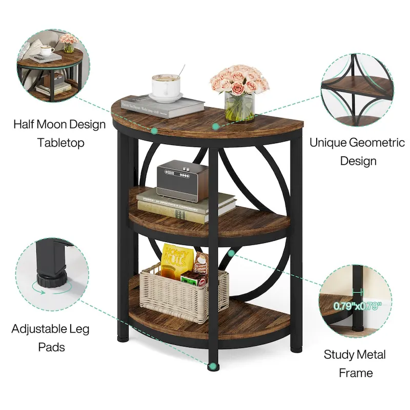 Half Round End Table, 3-Tier Narrow Side Table