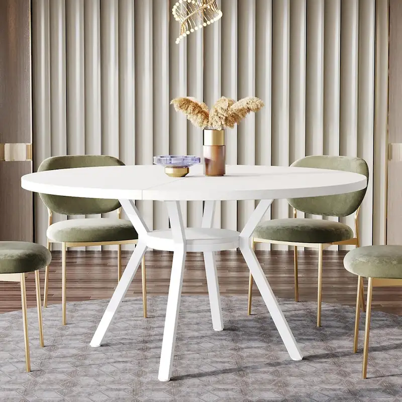 White Round Dining Table with Metal Legs - 47 Inch for 4-6 People