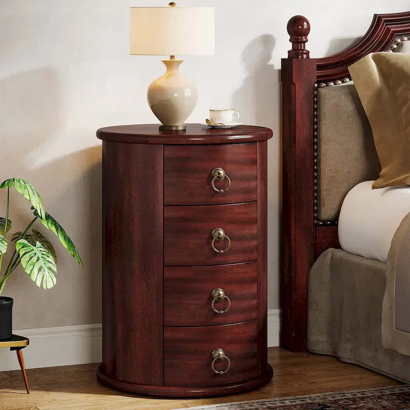 Cherry Brown Nightstand with 4 Drawers - Mid-Century Wood Bedside Table