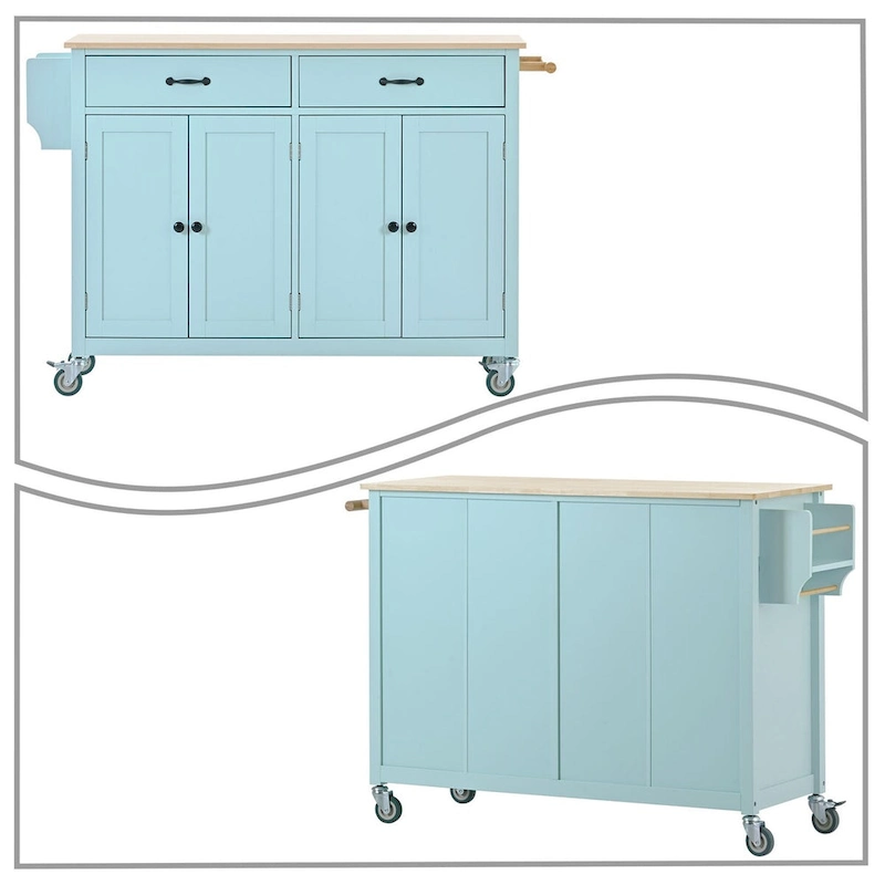 Classic Wooden Kitchen Island Cart with 2 Drawers, 2 Cabinets, a Towel Rack and a Spice Rack