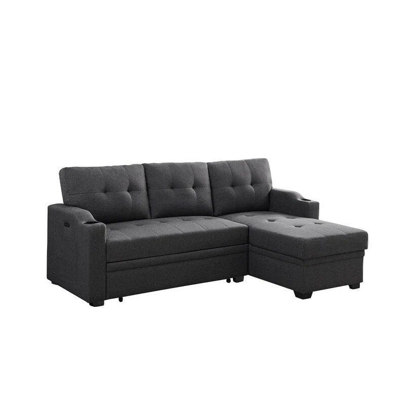 83-inch Dark Gray Sleeper Sectional Sofa with Cup Holder, USB Charging Port, and Pocket - 83W x 54D x 35H