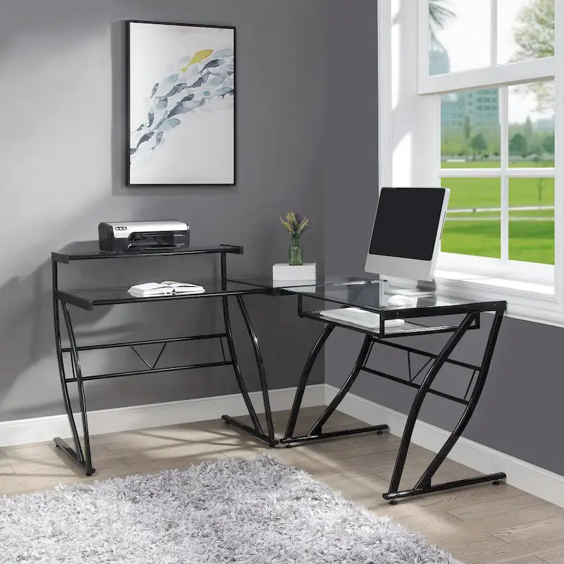 L Shaped Glass Top Home Office Desk
