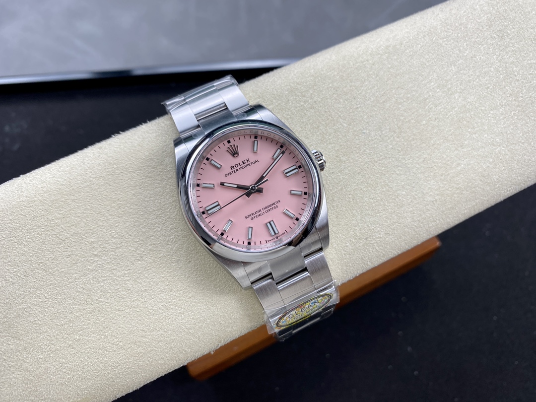 Rolex replica Oyster Perpetual - vista obliqua quadrante rosa