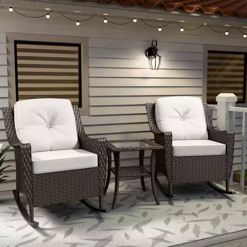 EAGLE PEAK Azure Bay 3 Piece Outdoor Wicker Bistro Set, Patio Rocking Chairs with Side Table