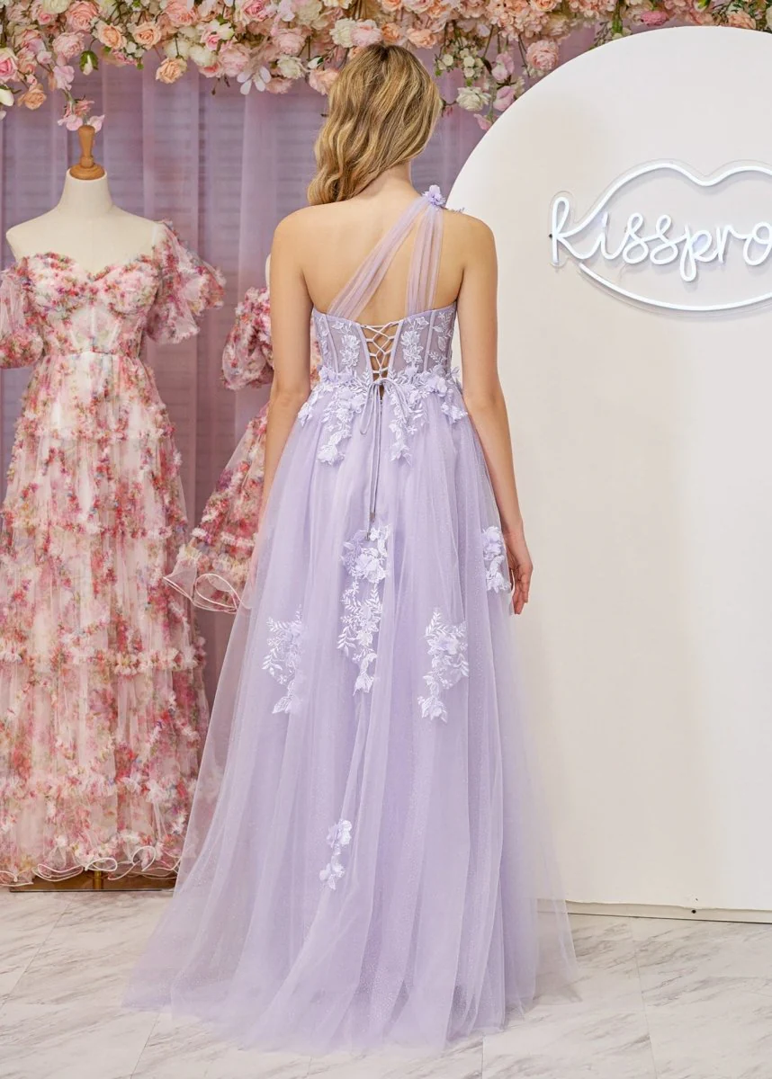 A Line One Shoulder Black Long Prom Dress with Appliques