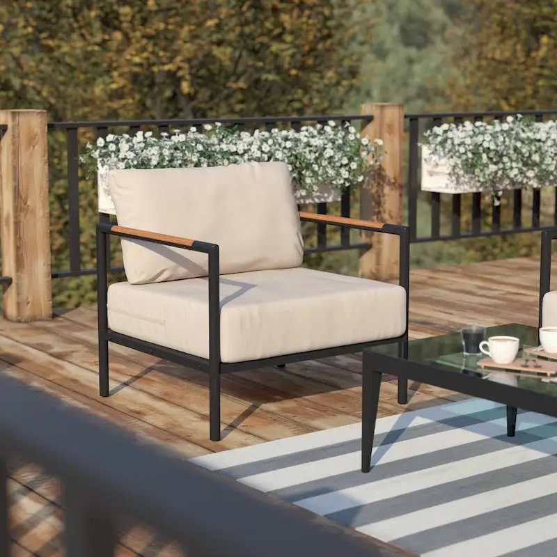 Aluminum Frame Patio Chair with Teak Arm Accents and Plush Cushions - 32.5 W x 29.5 D x 24.5 H