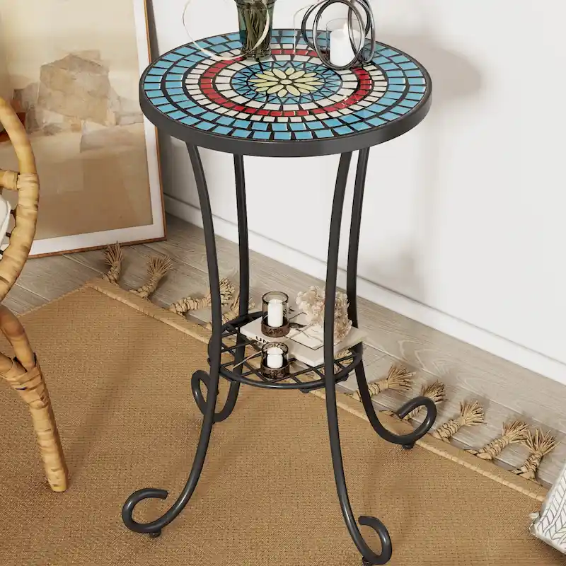 Patio Side Table Round Small End Table Plant Stand with Floral Ceramic Top and Storage Shelf for Study Room Backyard
