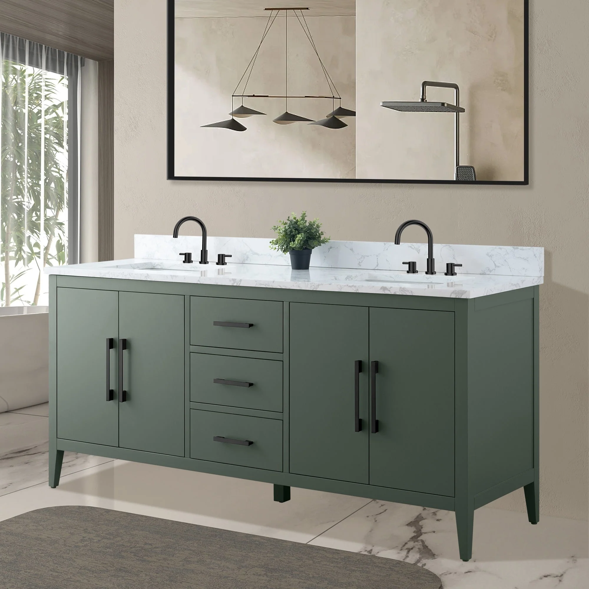 Vanity Art 72 Double Sink Bathroom Vanity Cabinet with Engineered Marble Top