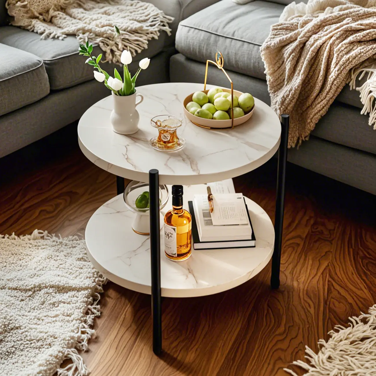 Modern 2-Tier Wood Round Coffee Table with Wheels, Tray