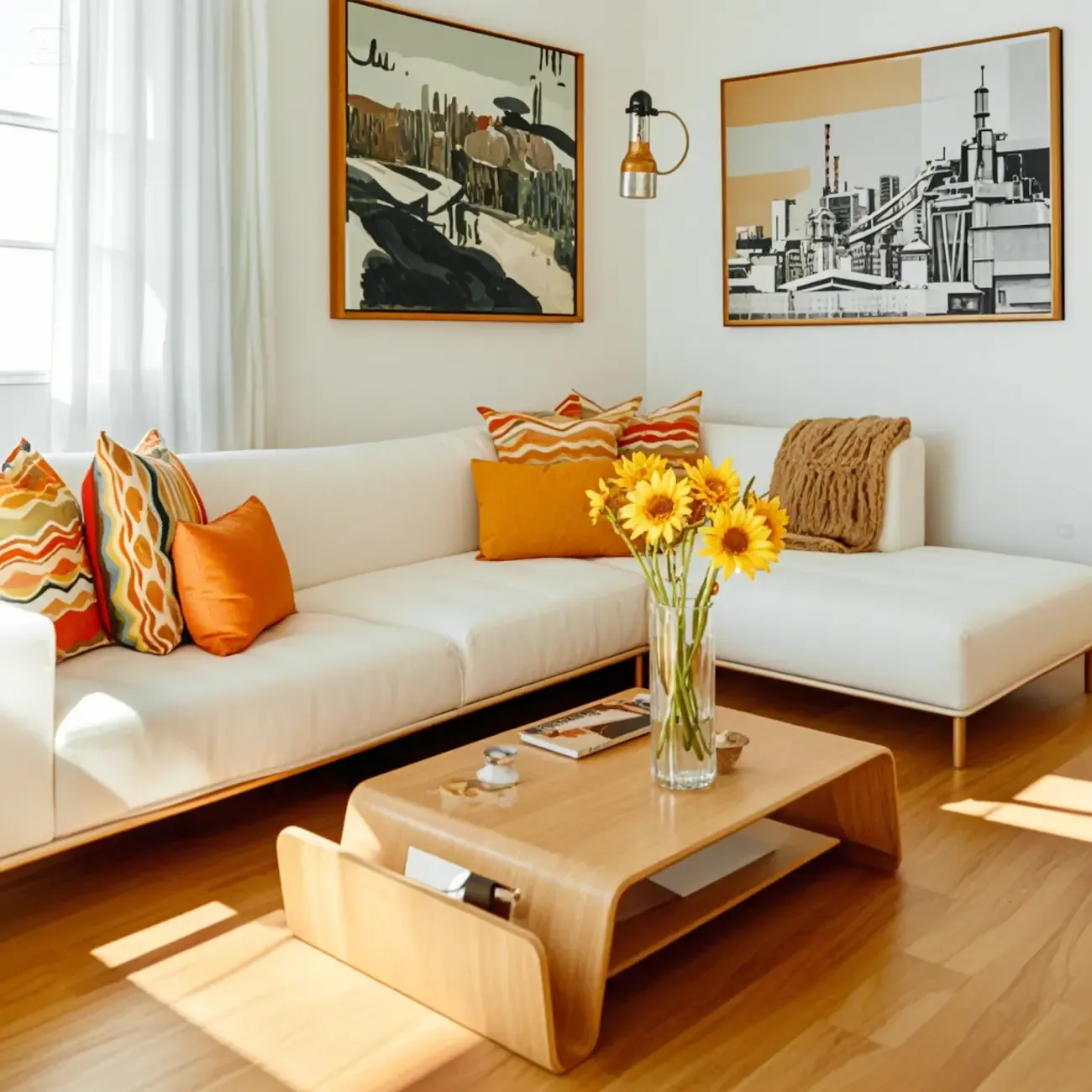 Modern Wooden Brown Curved Coffee Table with Double Pedestal