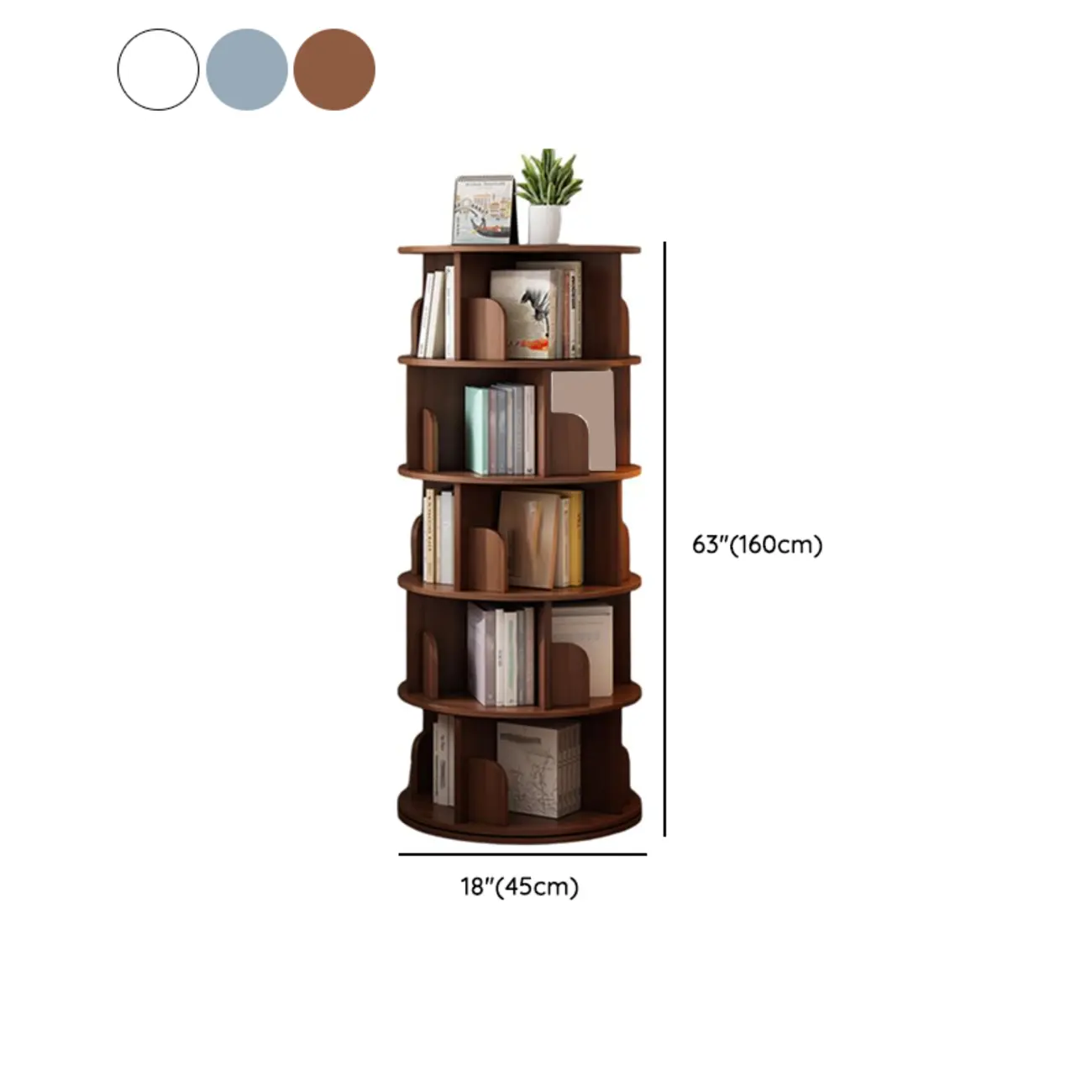 Brown Cylindrical Wooden Rotating Open-Back Bookcase