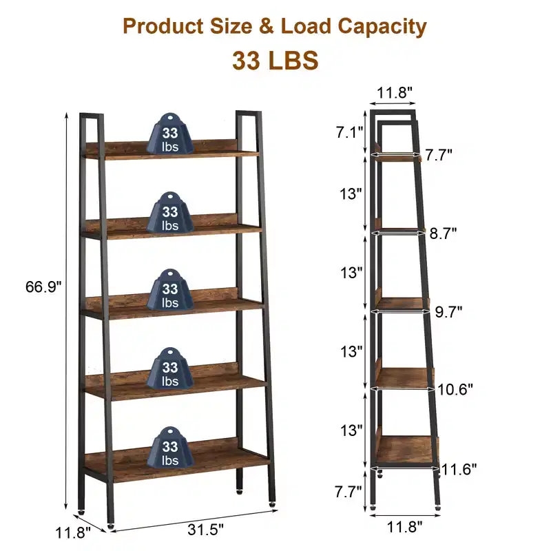 Five-Tier Metal Storage Bookshelf with Adjustable Feet Farmhouse-Style Open Bookshelf Vintage Brown Storage Rack Ideal for Offices, Living Rooms