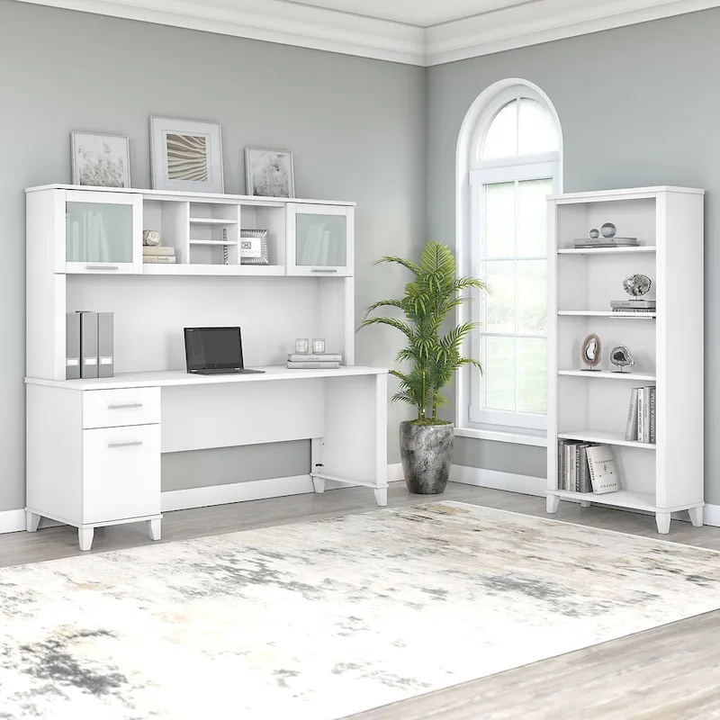 Somerset 72W Office Desk with Hutch and 5 Shelf Bookcase in Ash Gray