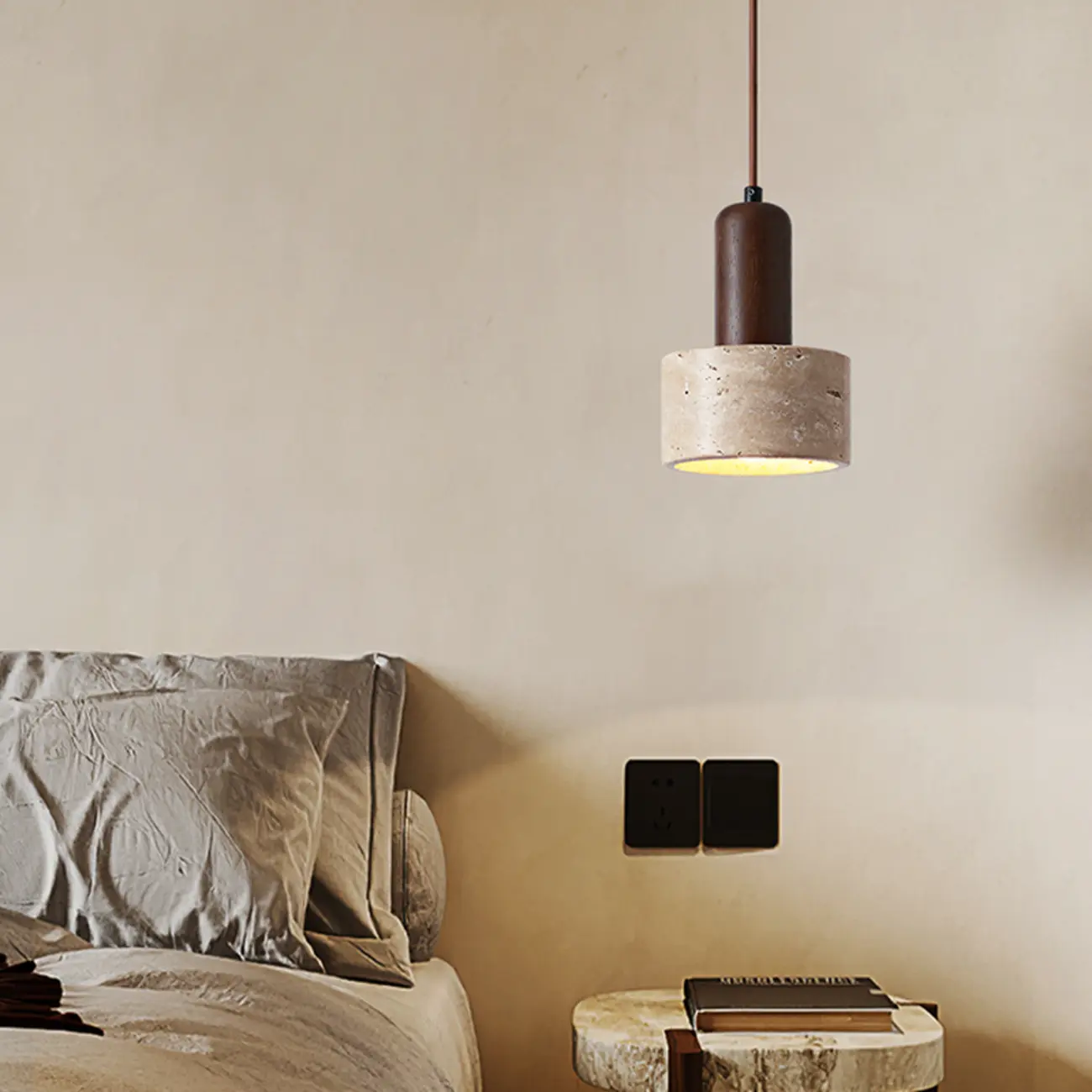 Cylinder Wood Stone Rope Bedside Pendant Light