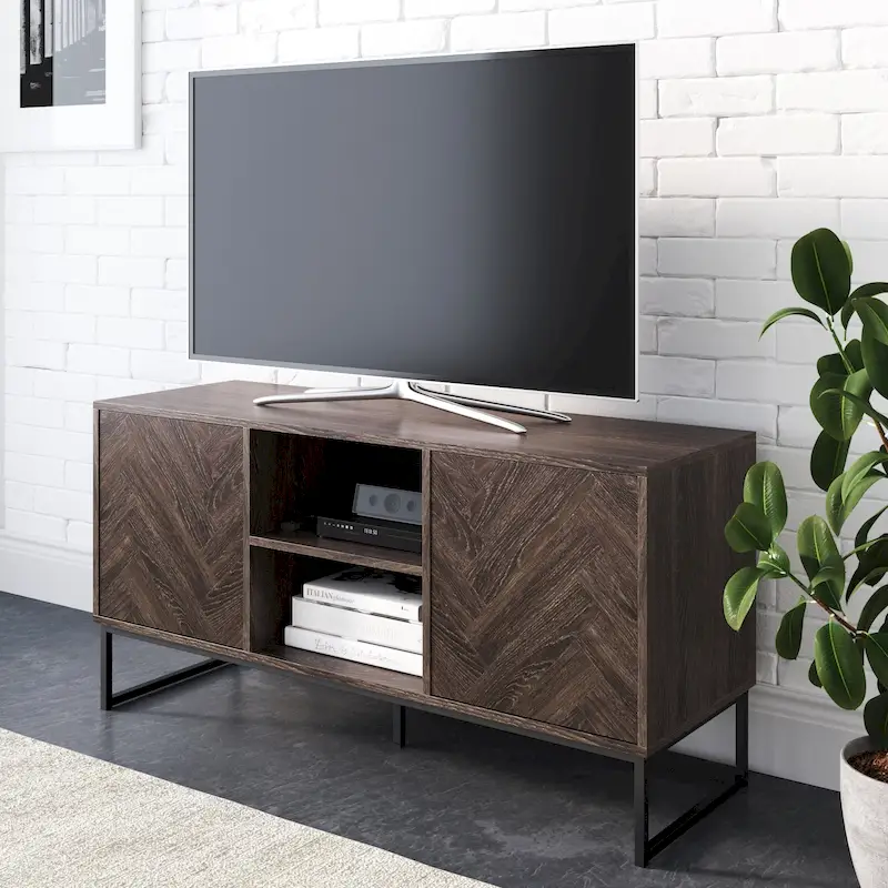 Media Console Cabinet TV Stand with Hidden Storage Herringbone Pattern Wood Metal - 47 inches