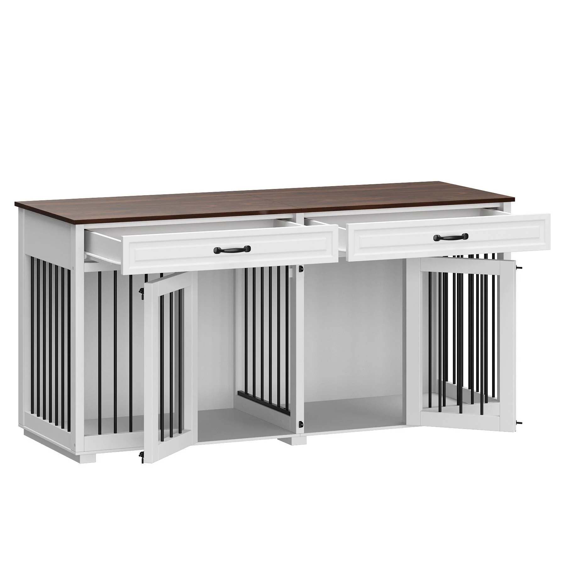 Wooden Double Dog Crate Kennel Furniture with 2 Drawers & Divider