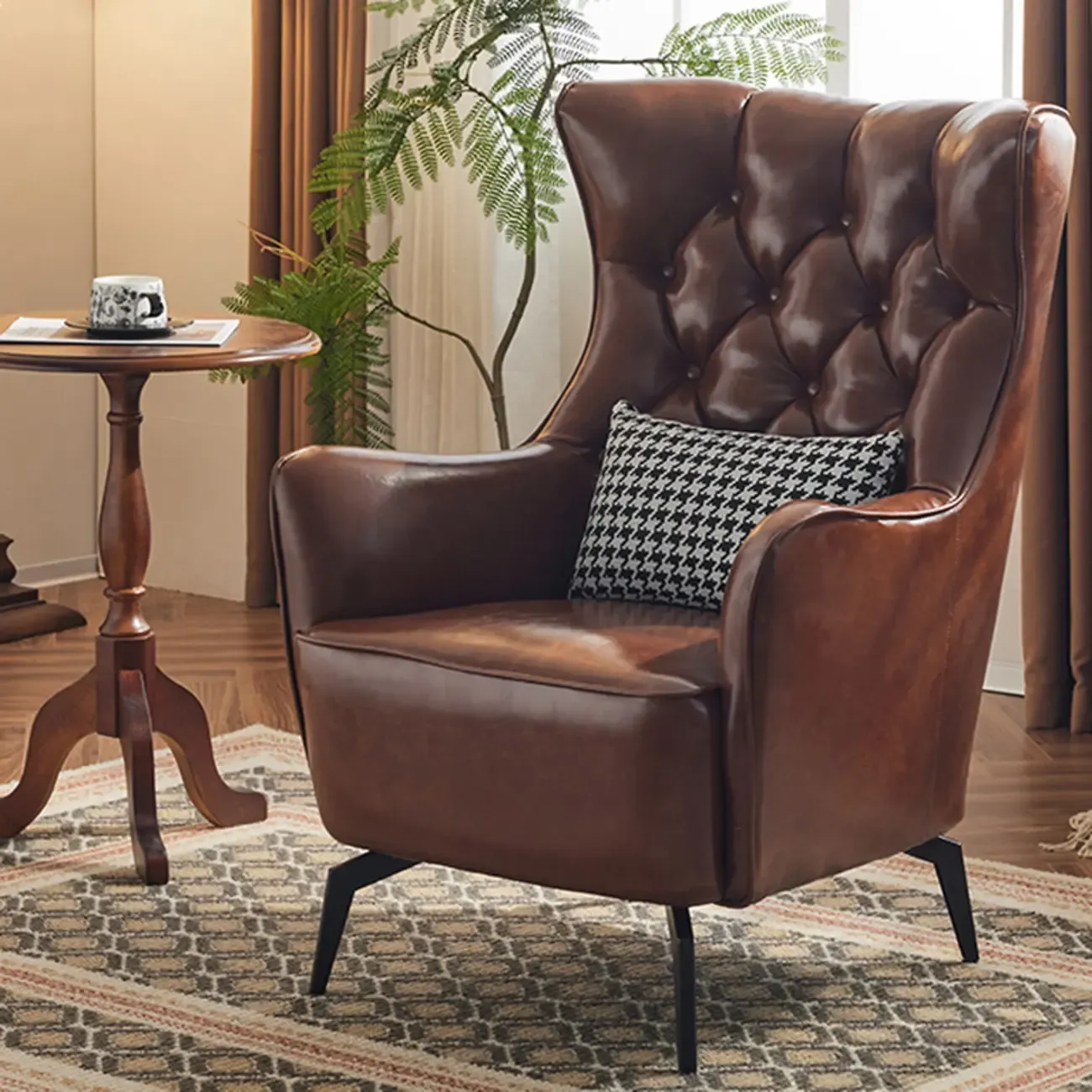 Modern Oiled Leather Tufted Wingback Accent Chair with Arms