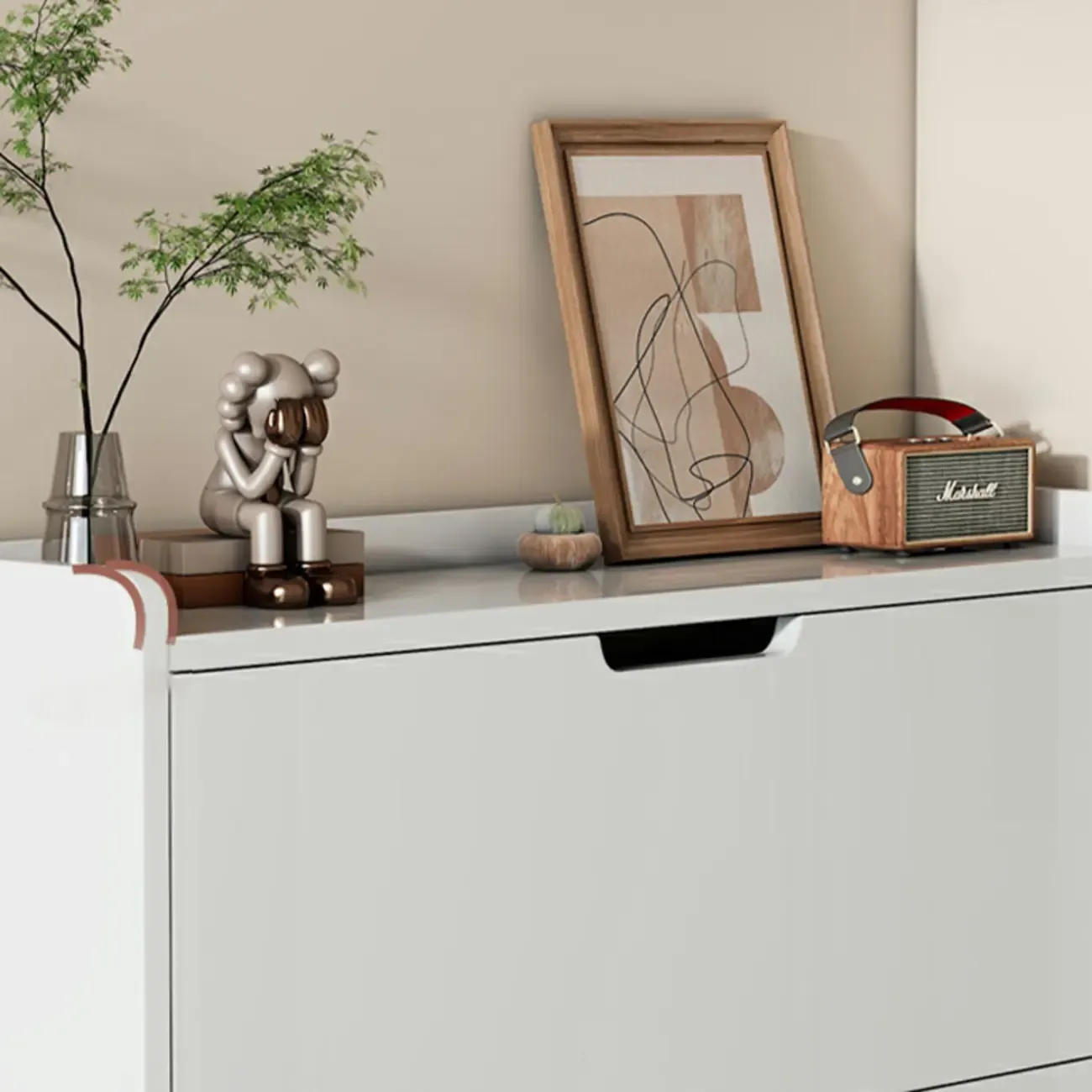 3-Tier White Wood Shoe Cabinet with Drop Front