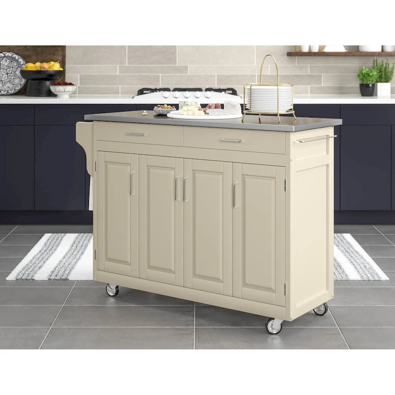 Puff Island White Finish with Stainless Steel Top Kitchen Cart