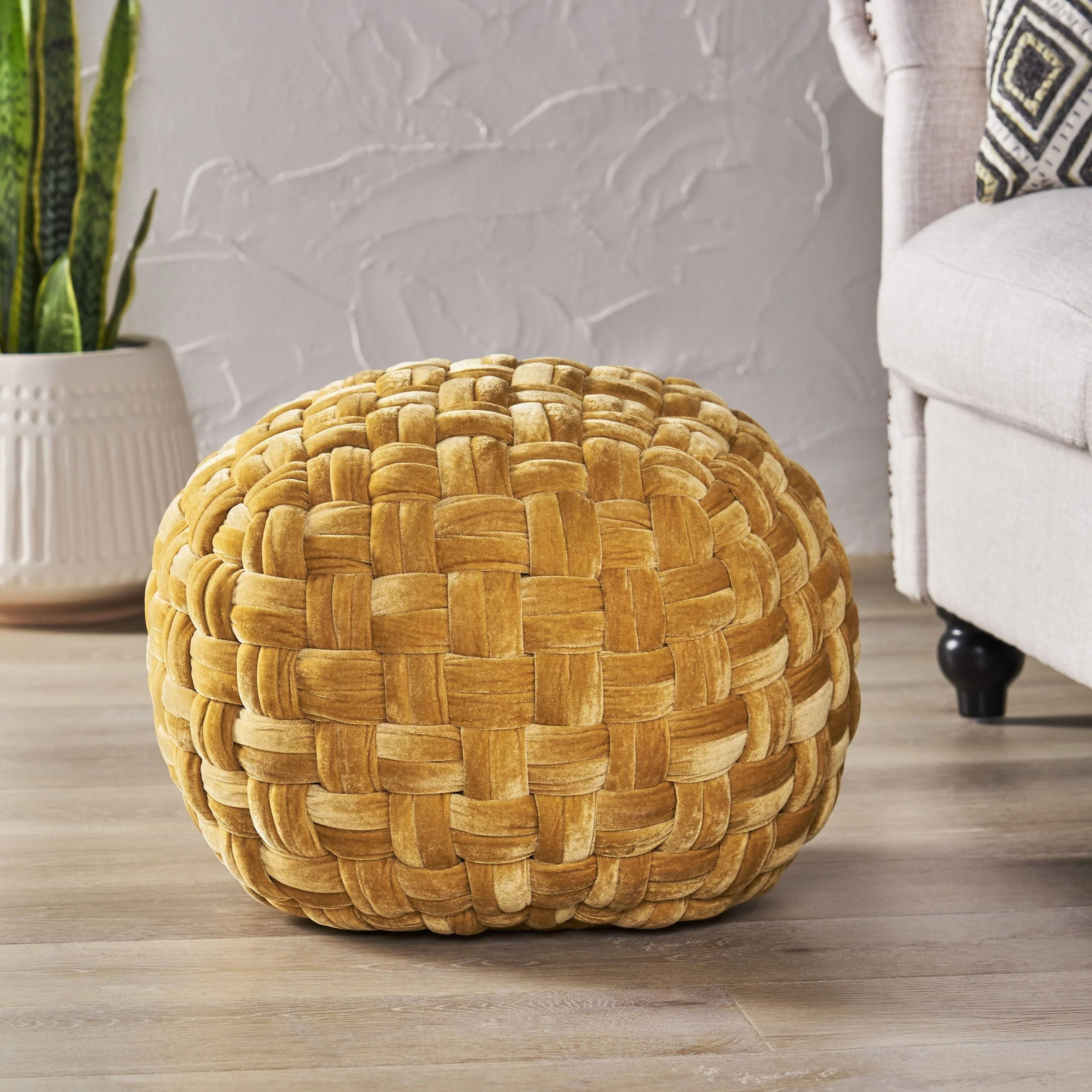 Modern Glam Handcrafted Cable Weave Velvet Round Pouf - NH714413