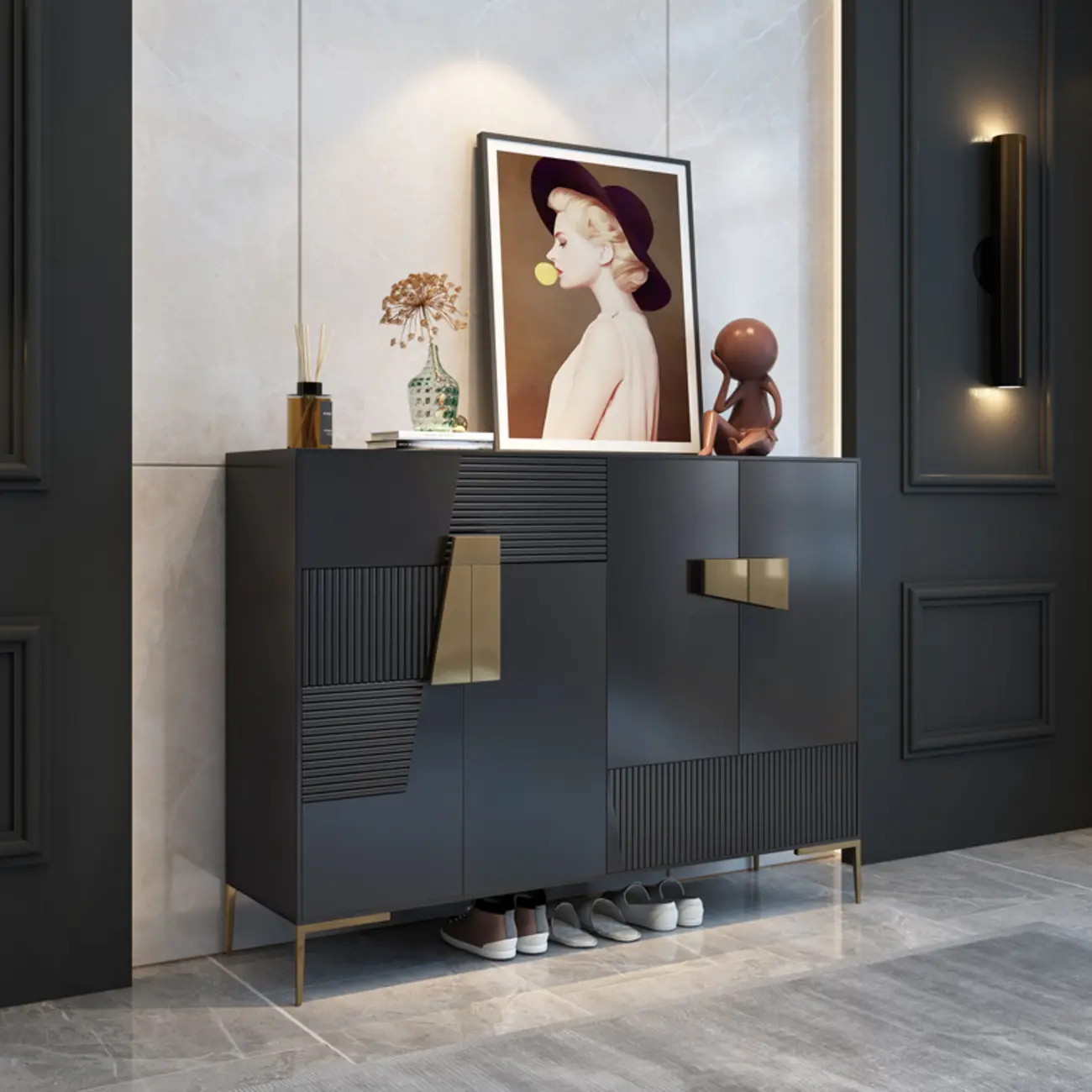 Elegant Fluted Entryway Shoe Cabinet with Drawer