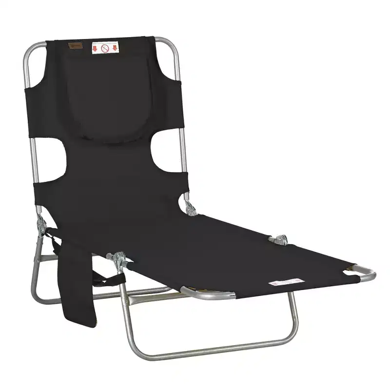 Folding Outdoor Chaise Lounge Sun Tanning Chair with Face Cavity, Pillow, 5-level Adjustable for Beach, Pool