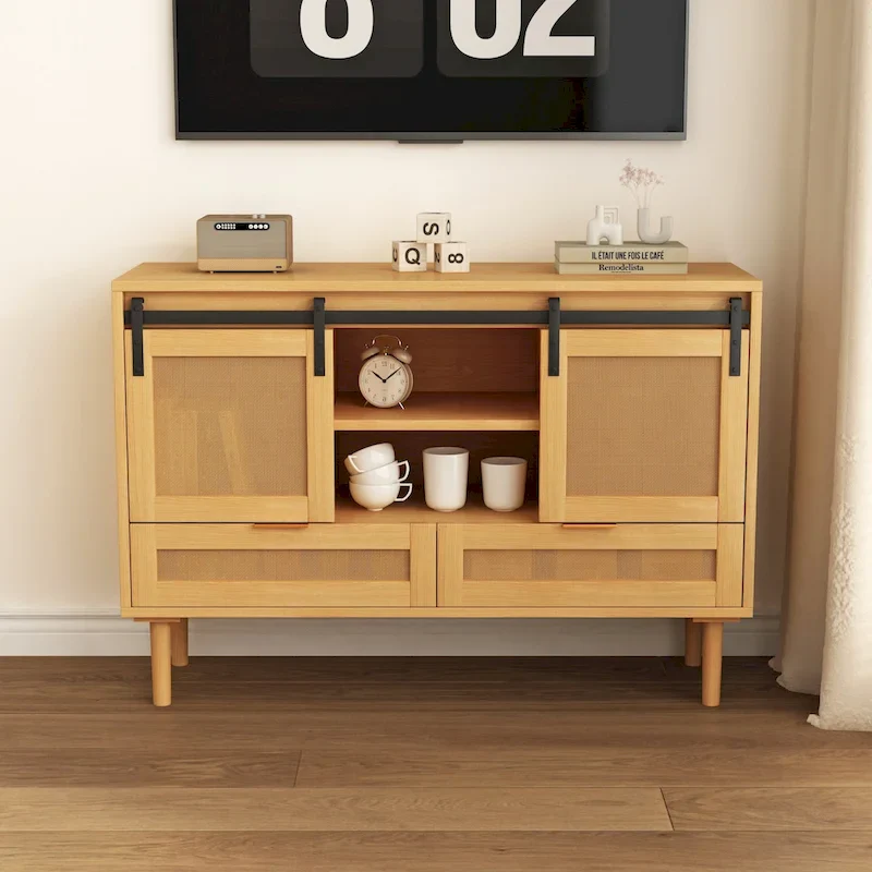Sliding Barn Door TV Stand & Storage Cabinet, Wood Color / Black, 2-Person Assembly, Fits TVs up to 43