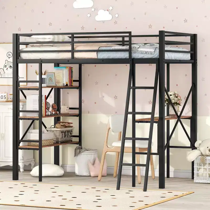 Twin Size Metal Loft Bed with Storage Shelves, Heavy-Duty Steel Loft Bed Frame w/Built-in Desk for Bedroom Dorm, Black