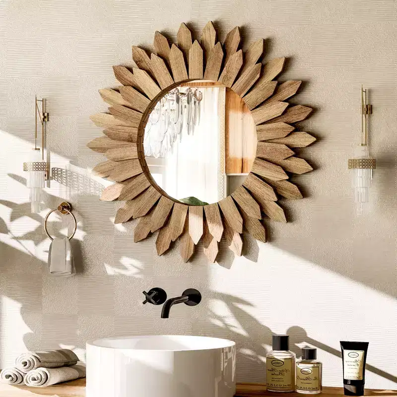 BEAUTYPEAK 20 Round Sunflower Wall Mirror, Boho Decorative Wood Frame, Vanity or Bathroom Wall Mirror for Living Room, Entryway, Bedroom