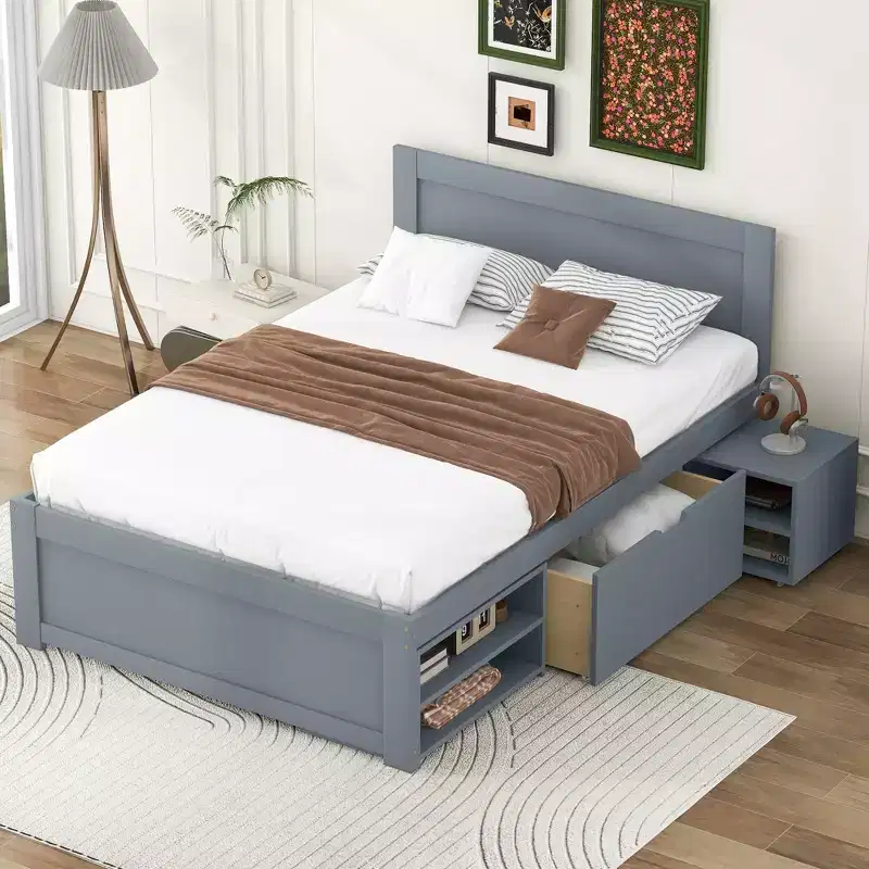 GDFStudio Elton 4 Piece Wood Storage Bedroom Furniture Sets with Headboard, Shelves, Drawer and Nightstand