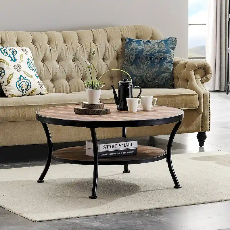 Brown/Grey Industrial Round 2-Tier Coffee Table with Metal Base