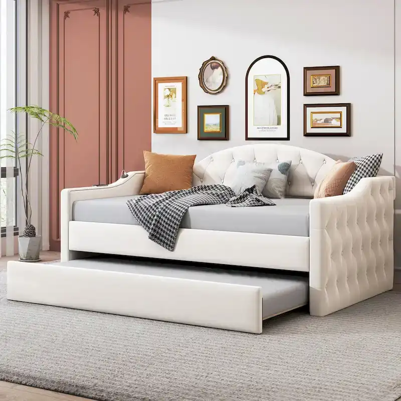 Twin Size Tufted Upholstered Daybed with Trundle and USB/Type-C Charging Ports, Beige