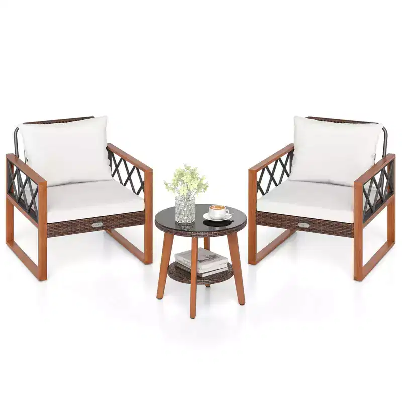 Costway 3 PCS Patio PE Wicker Furniture Set with Solid Acacia Wood Frame & Cushions