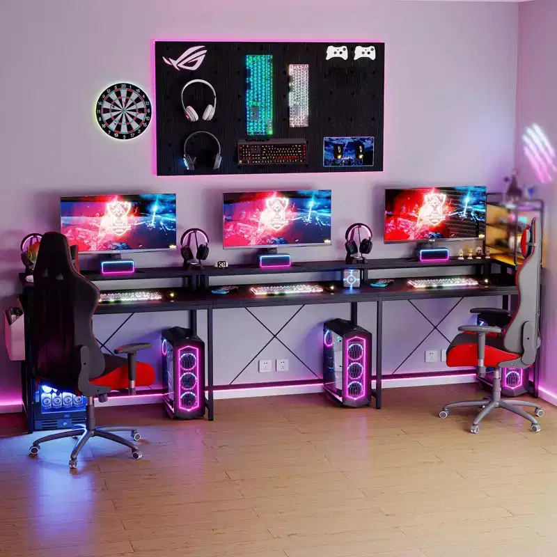 U Shaped Desk, 126 Inch Gaming Desk with Monitor Stand and LED Lights, Reversible Shaped Large Computer Desk with Power Outlets, Office Desk