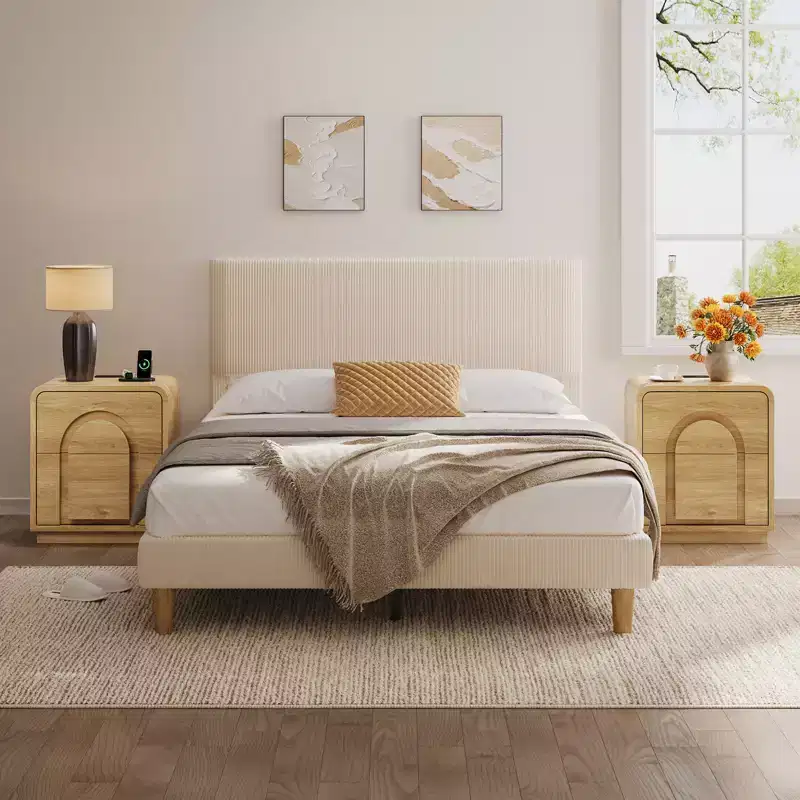 Bestier Nightstands set of 2 with Charging Station, Modern LED End Tables with 2 Drawers, 2 Bedside Tables with Storage for Bedroom & Living Room